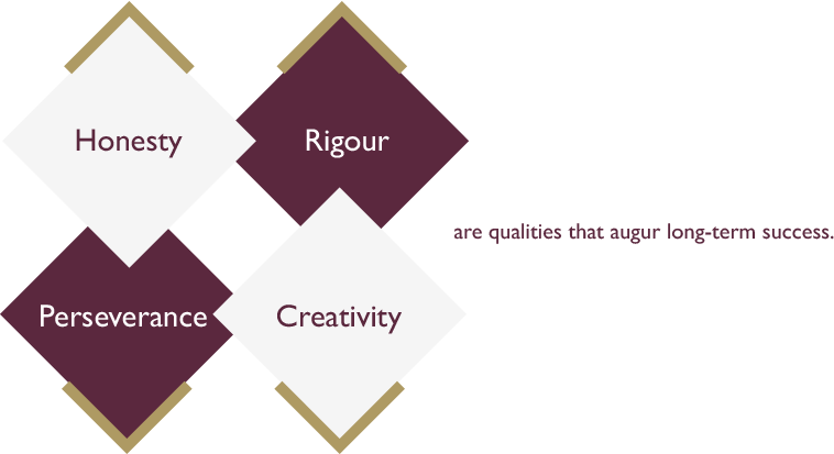 Honesty, rigour, perseverance and creativity are qualities that augur long-term success.